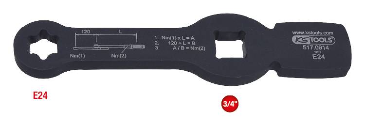 Ein schwarzer Doppel-Gabelschlüssel mit Maßangaben und Produktnummern. Links 120 mm und rechts 3/4' E24. Markierungen zur Funktion.