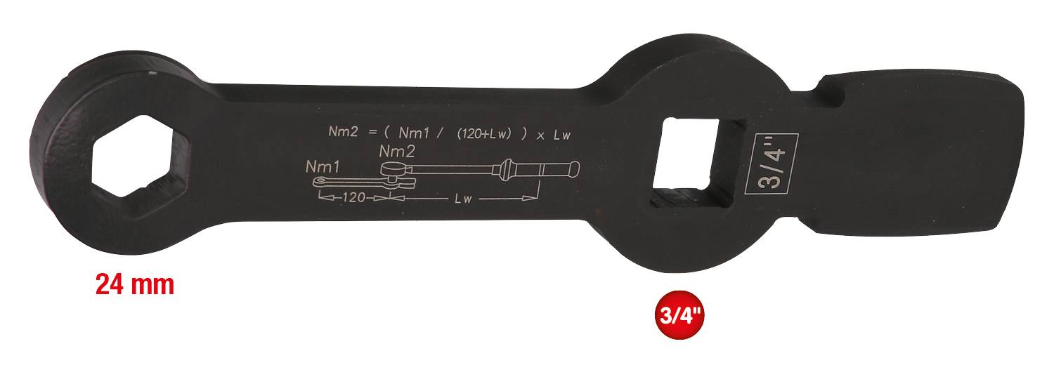 Ein schwarzer Drehmomentschlüssel mit den Aufdrucken 'Nm1', 'Nm2' und Zeichnungen. Beschriftungen '24 mm' und '3/4"' sind in Rot aufgedruckt.