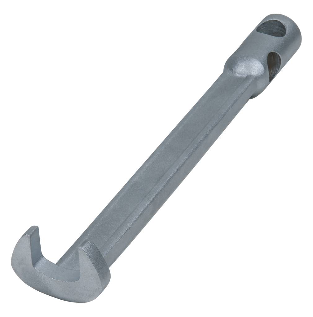 Ein silberner Bremsleitungsöffner aus Metall. Er hat ein offenes Ende und ist speziell geformt, um Bremsleitungen sicher zu öffnen.