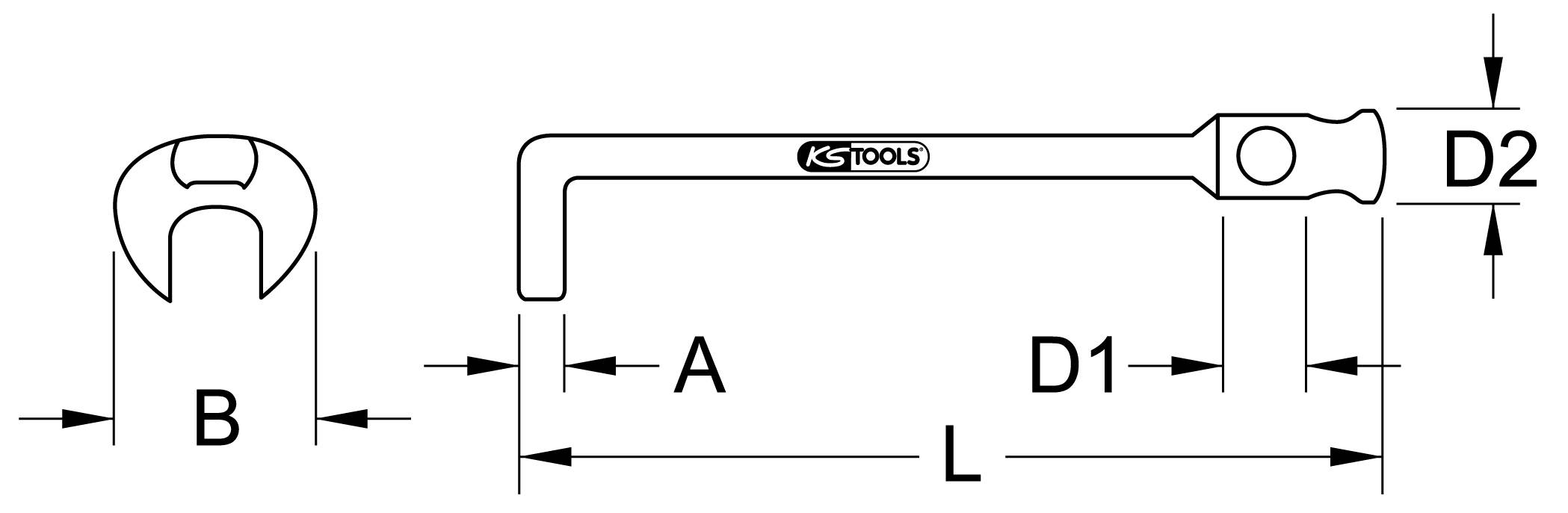 Technische Zeichnung eines Hakenmaulschlüssels. Zeigt Maße: L, D1, D2, A, und B. Werkzeugaufschrift: 'KS Tools'.