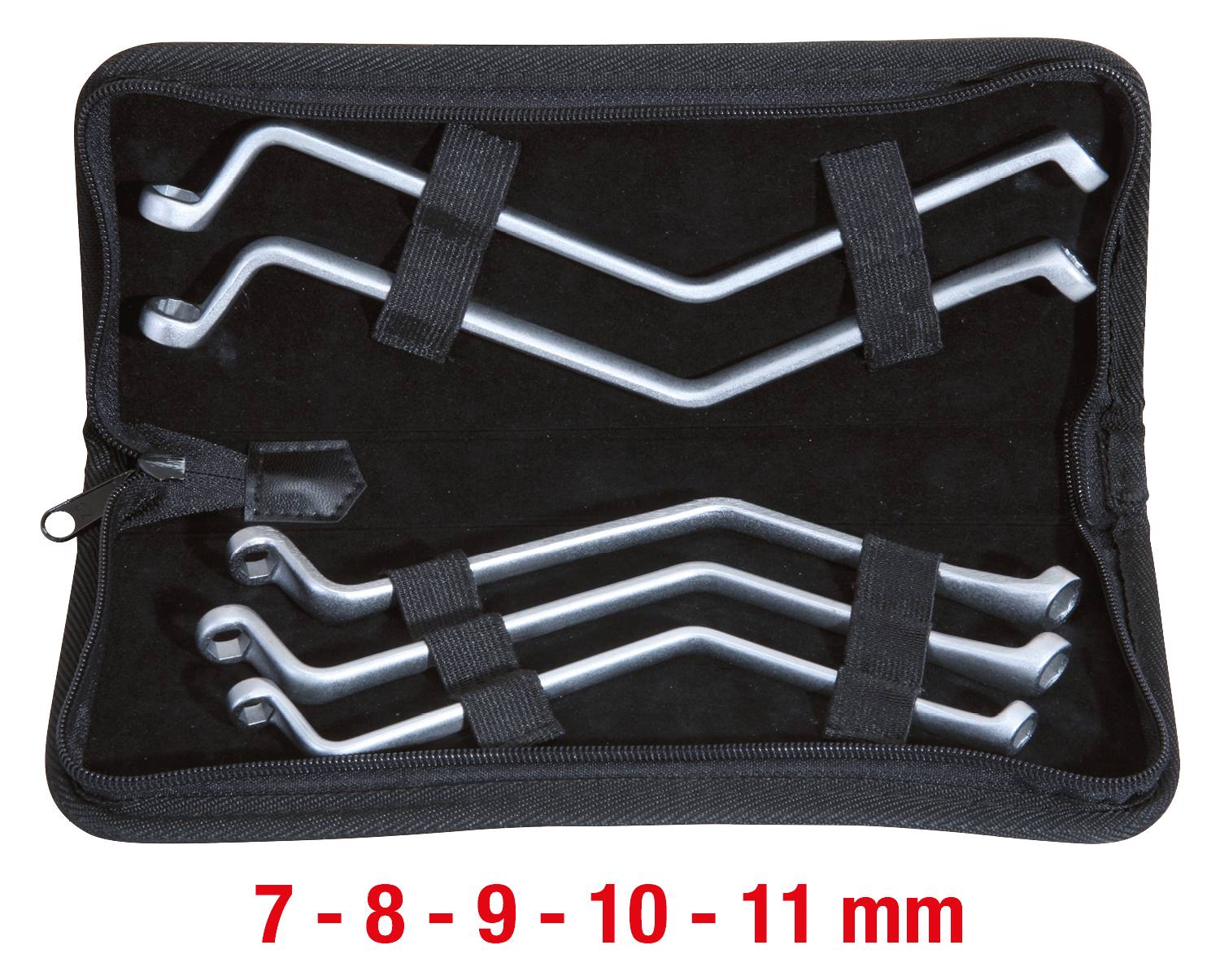 Ein Etui mit fünf gebogenen Schraubenschlüsseln in den Größen 7, 8, 9, 10 und 11 mm, ordentlich in Halterungen angeordnet.
