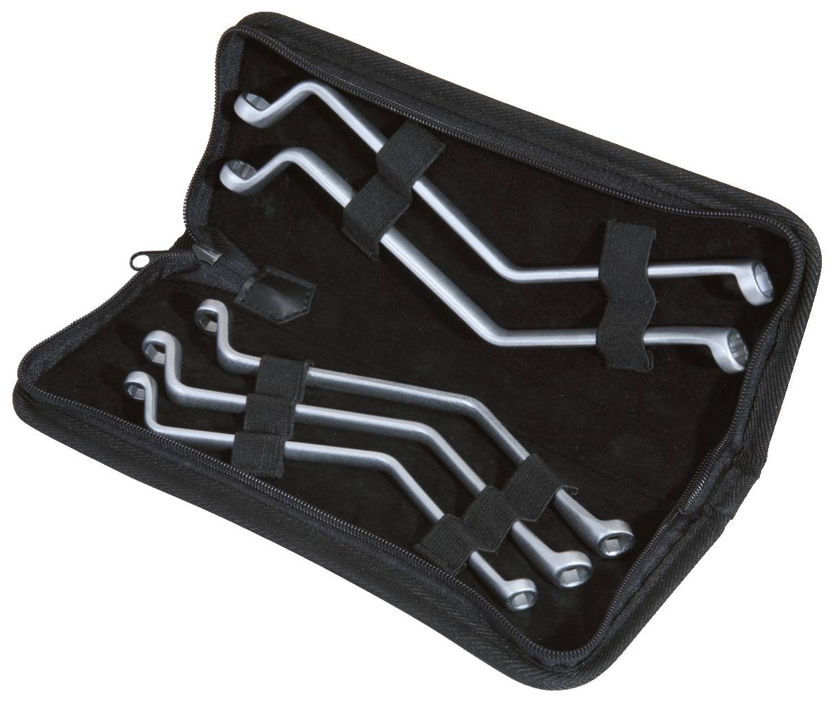 Ein offenes schwarzes Etui enthält mehrere gebogene, silberne Hakenwerkzeuge in unterschiedlichen Größen, sicher gehalten von Gurten.