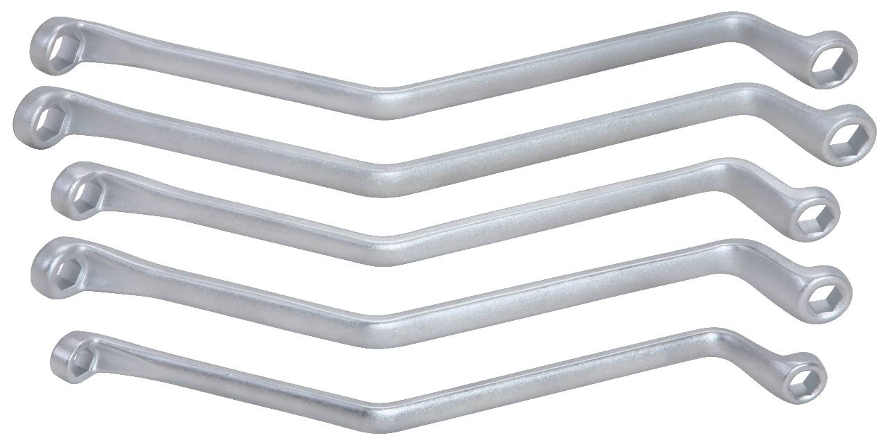 Sechs gebogene Maulschlüssel in verschiedenen Größen liegen parallel zueinander. Sie sind aus Metall und haben eine glänzende Oberfläche.