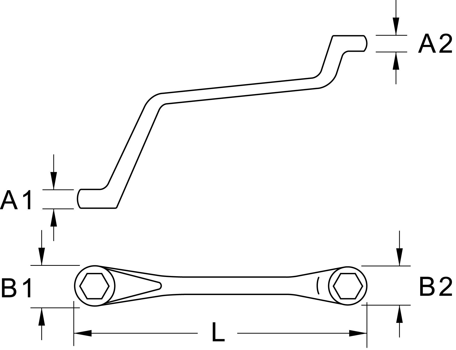 Technische Zeichnung eines Schraubenschlüssels mit Maßen: A1, A2, B1, B2 und Länge L sind angegeben. Seiten- und Draufsicht gezeigt.