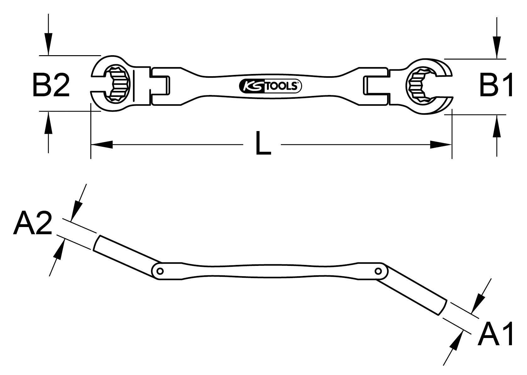 'Illustration eines Werkzeugschlüssels mit zwei offenen Enden, gekennzeichnet mit B1, B2, A1, A2 und L, das Logo von KS Tools ist sichtbar.'