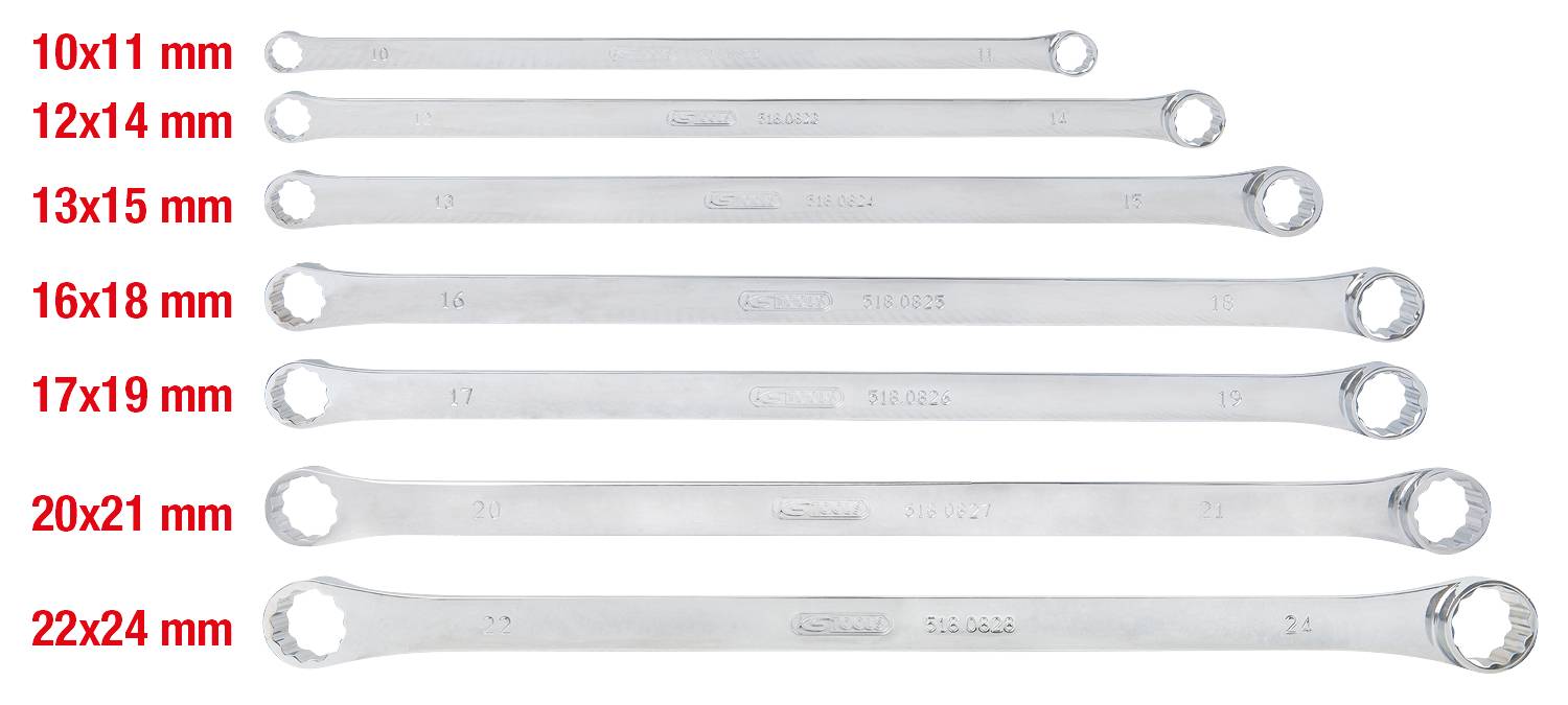 'Satz von sieben Doppelmaulschlüsseln in verschiedenen Größen: 10x11 mm, 12x14 mm, 13x15 mm, 16x18 mm, 17x19 mm, 20x21 mm, 22x24 mm.'