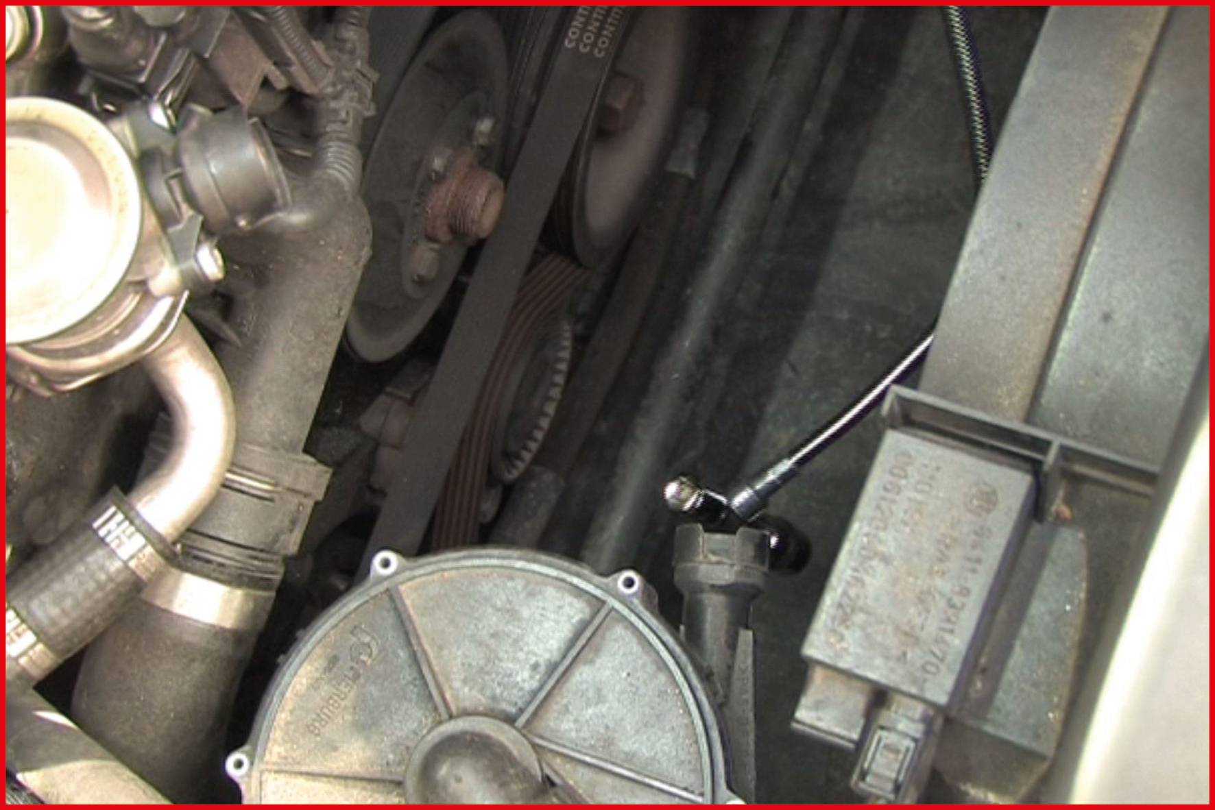 'Nahaufnahme eines Automotors mit sichtbaren Riemen und Schläuchen.'