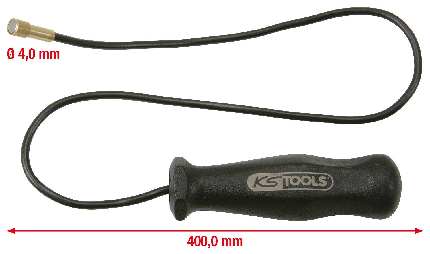 'KS Tools'-Ventil-Einziehwerkzeug mit flexiblem Kabel und gerilltem Griff zeigt die Gesamtlänge von 400 mm und Kabeldurchmesser von 4,0 mm.