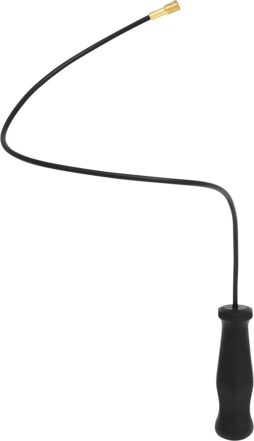 Eine flexible Ventilverlängerung mit schwarzem Schlauch und schwarzem Griff, das Ventilende ist mit einer goldfarbenen Spitze.