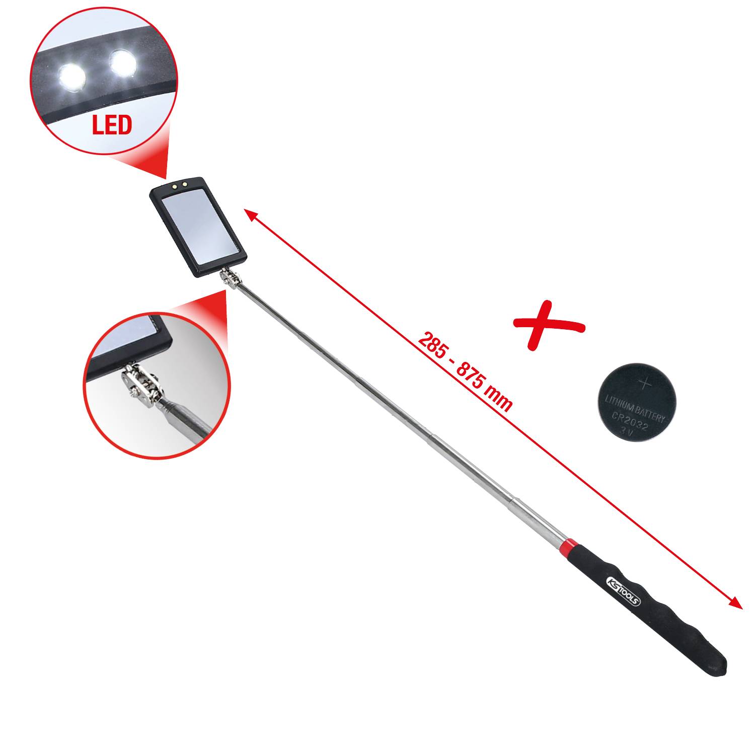 Teleskopspiegel mit LED-Licht, ausziehbar von 285 bis 875 mm, mit drehbarem Kopf und rutschfestem Griff. Ideal für schwer zugängliche Bereiche.