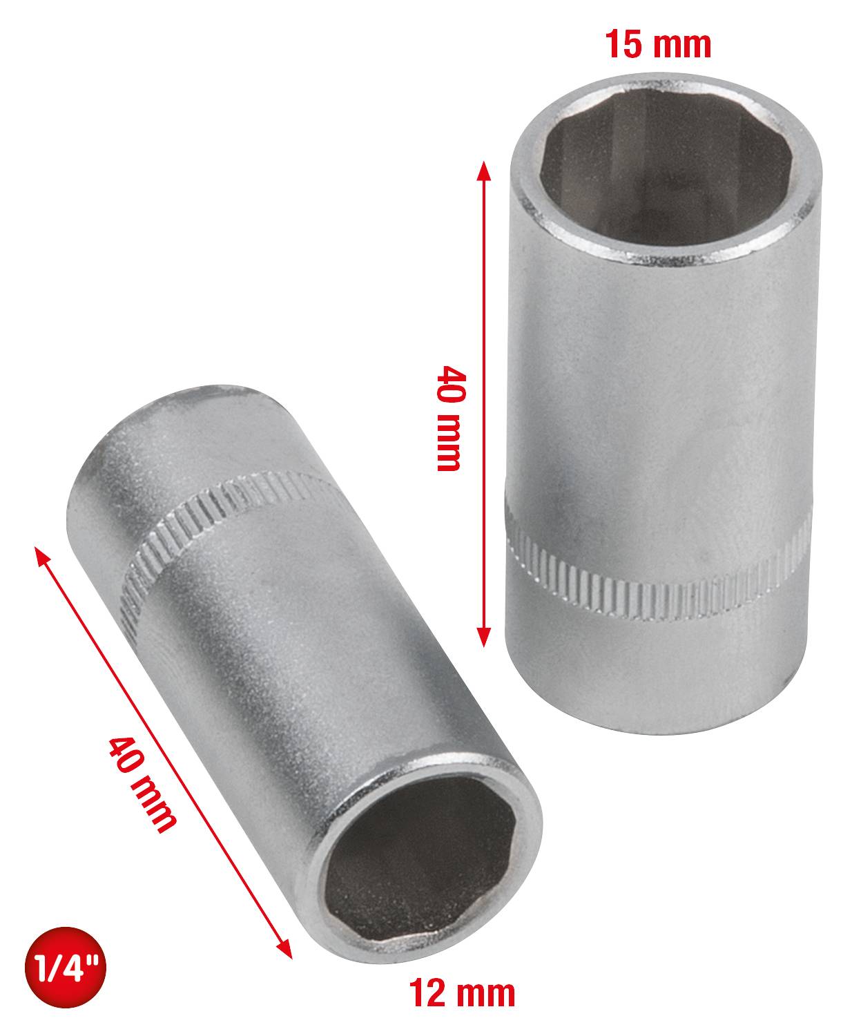 Zwei Sechskant-Steckschlüssel: einer liegt waagerecht, der andere senkrecht. Maße: 40 mm Länge, 15 mm und 12 mm Durchmesser.