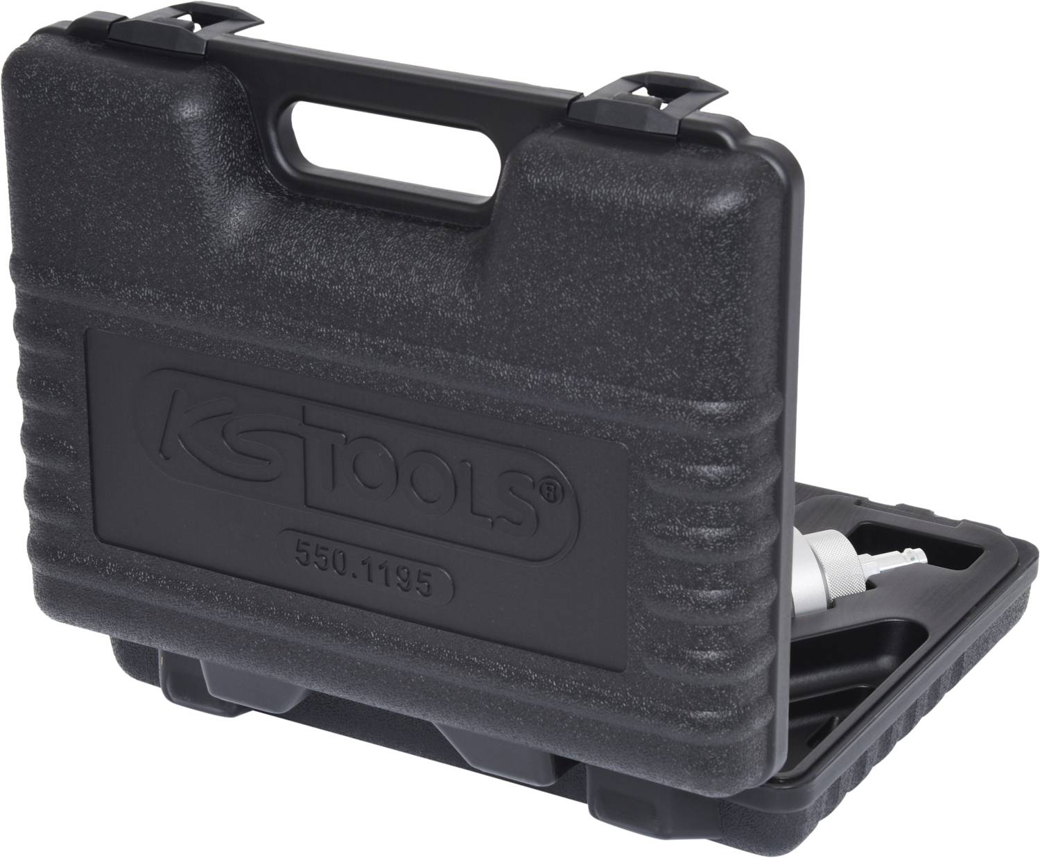Ein schwarzer Hartschalenkoffer mit dem Aufdruck 'KS Tools'. Der Koffer ist leicht geöffnet, und ein graues Werkzeug ist teilweise sichtbar.