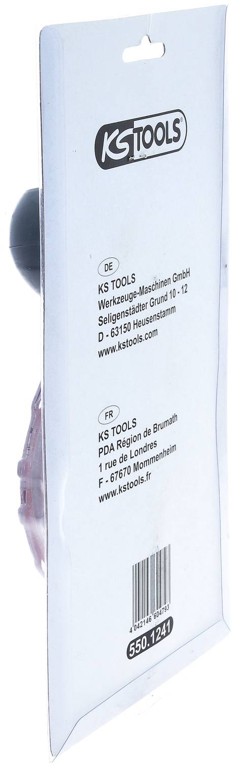 Verpackung eines Werkzeugs der Marke KS Tools, zeigt Kontaktinformationen des deutschen und französischen Standorts des Unternehmens.
