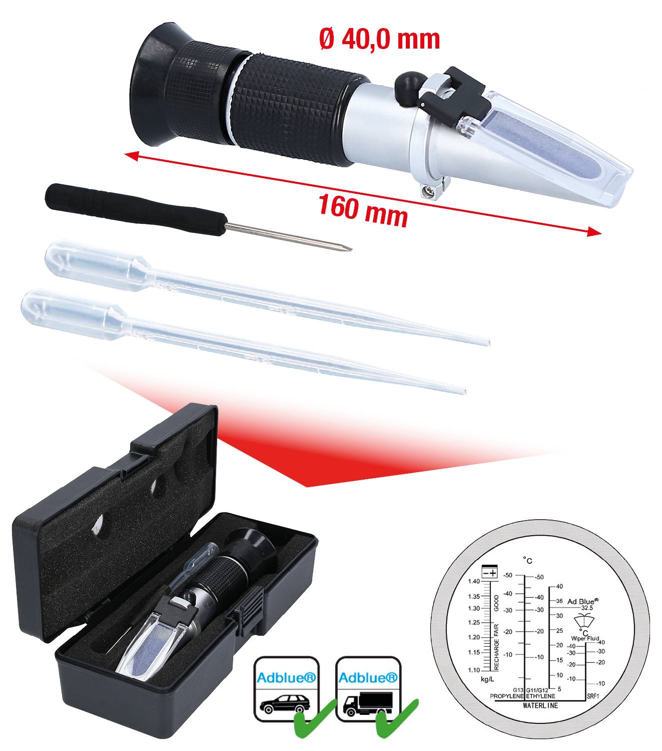 Refraktometer für Adblue-Messungen, bestehend aus einem Hauptgerät, zwei Pipetten, Schraubendreher und Aufbewahrungsbox.