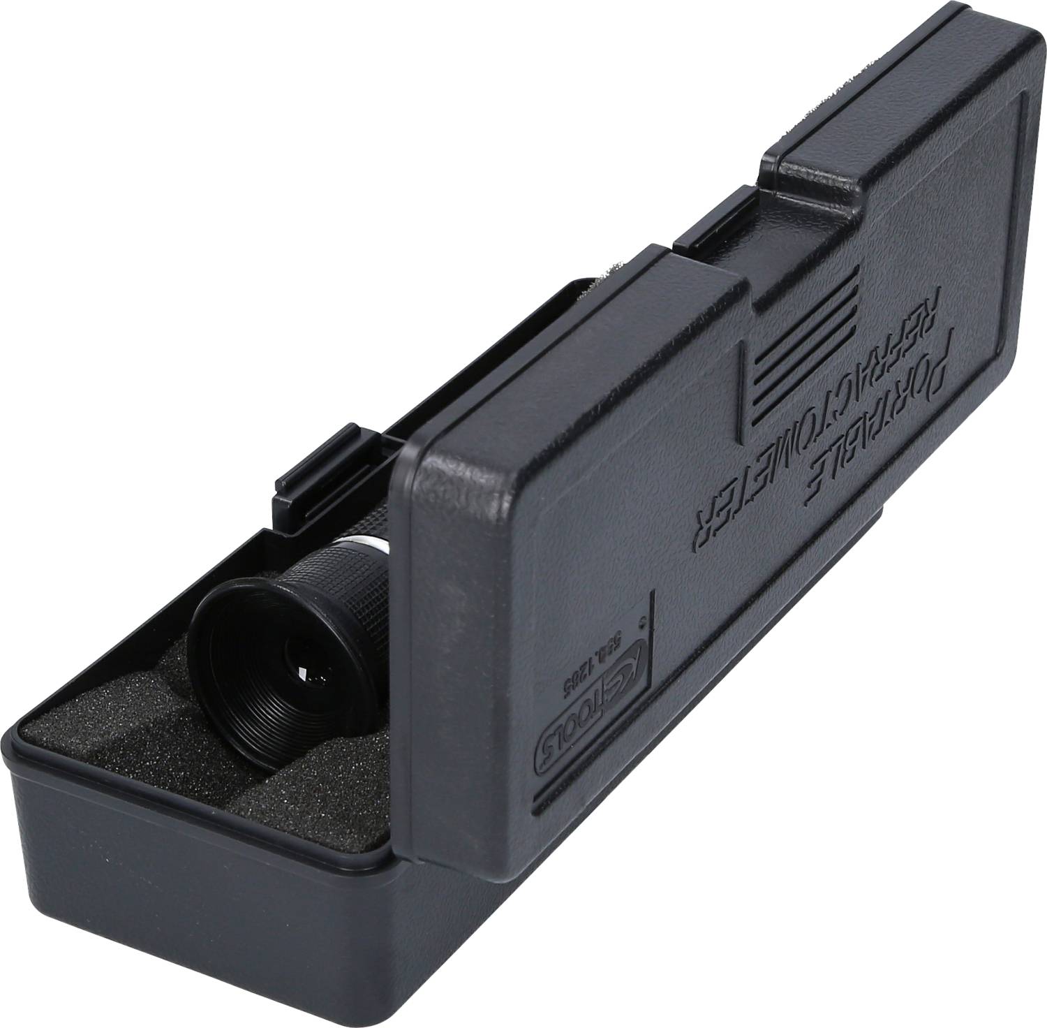 'Optical refractometer' in einem schwarzen Kunststoffgehäuse. Gerät für Messungen in Labors oder zur Bestimmung von Flüssigkeitskonzentrationen.