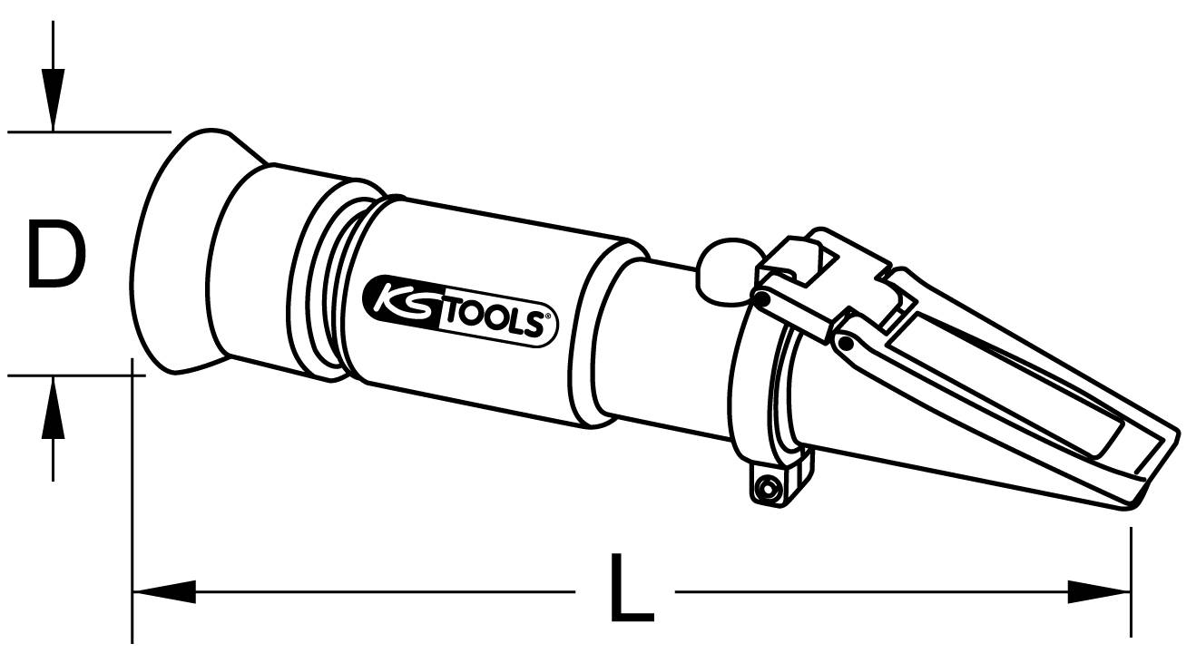 Technische Zeichnung eines Werkzeugs mit der Aufschrift 'KS Tools', Messpfeile zeigen Länge (L) und Durchmesser (D) an.