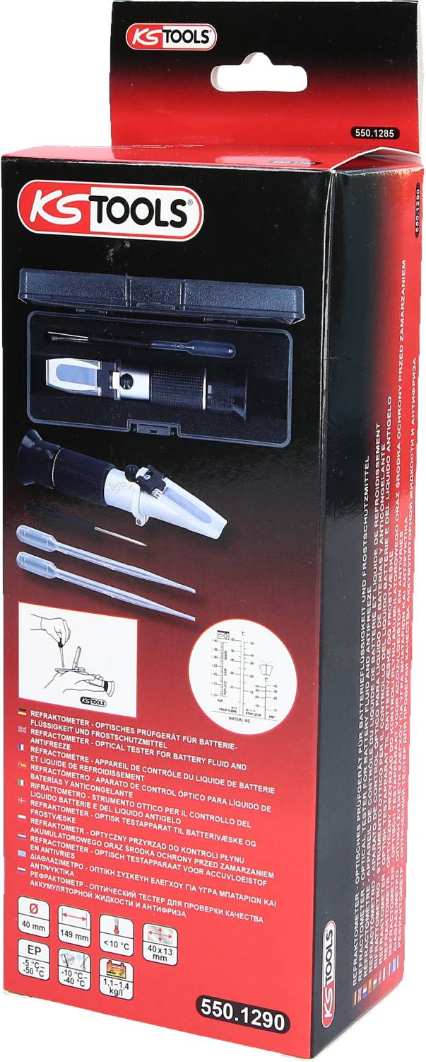 Die Verpackung zeigt ein Batteriewerkzeug-Set von KS Tools. Enthalten sind ein Werkzeug und Zubehörteile. Anleitungen und Spezifikationen sind auf der Verpackung abgebildet.