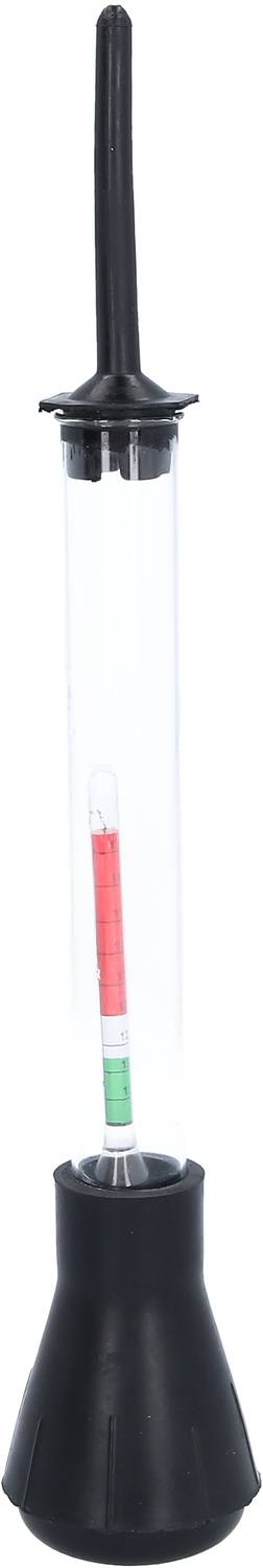 Ein Hydrometer mit einem schwarzen Griff und Sockel. Das Gerät misst die Dichte von Flüssigkeiten, erkennbar an der farbigen Skala.