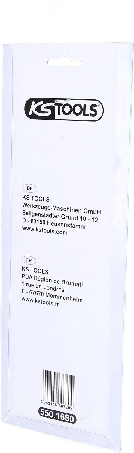 Weiße Verpackung mit Logo 'KS TOOLS'. Adresse in Deutschland: 'Werkzeuge-Maschinen GmbH, Heusenstamm'. In Frankreich: 'PDA Région de Brumath'.