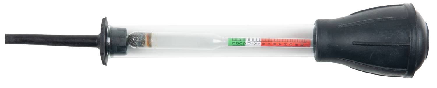 Ein Hydrometer zur Messung der Batteriesäuredichte, mit einer Skala von rot über grün bis blau, zeigt den Ladezustand der Batterie an.