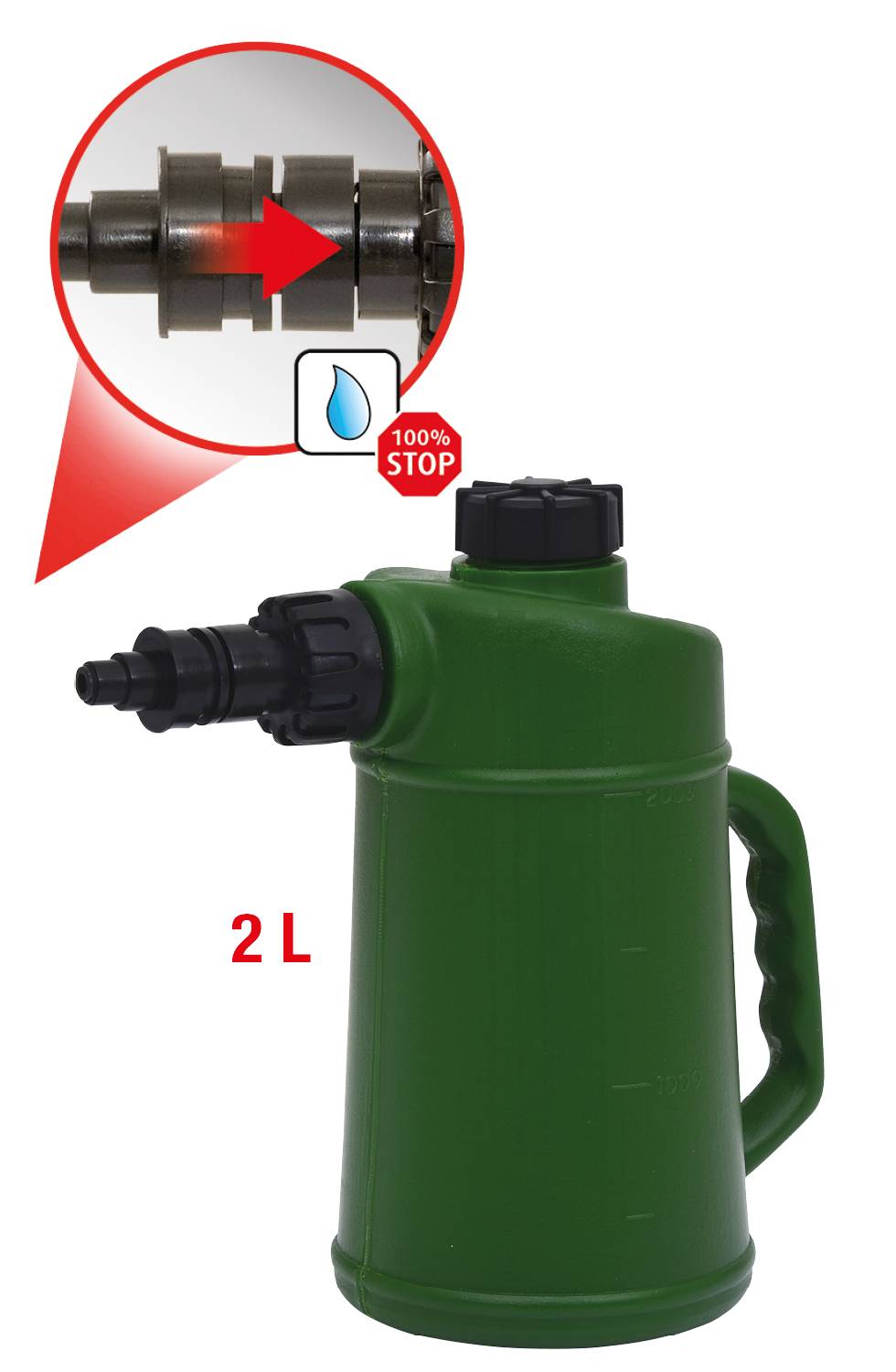 Grüner 2-Liter-Drucksprüher mit ergonomischem Griff. Nahaufnahme zeigt ein Dichtungssystem mit '100% STOP'-Markierung.