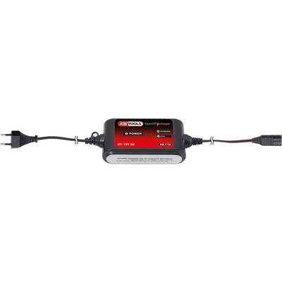 Schwarzes Batterieladegerät mit Netzstecker links und Adapterstecker rechts. Aufschrift: 'POWER', 'Ladegerät, 'Voll', 'DC 12V 2A'.