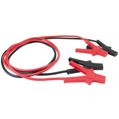 Rotes und schwarzes Starthilfekabel mit angeschlossenen Klemmen.