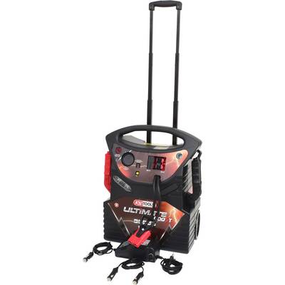 Tragbares Starthilfegerät mit Griff und Anzeige, rot-schwarze Tasten, zwei Kabel mit Klemmen an der Vorderseite.