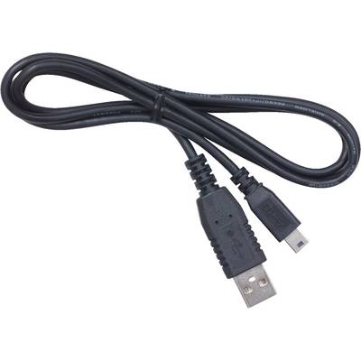 Ein schwarzes USB-Kabel mit einem Standard-USB-Stecker und einem Mini-USB-Stecker, scheinbar verwendet für Datentransfer oder Aufladung.