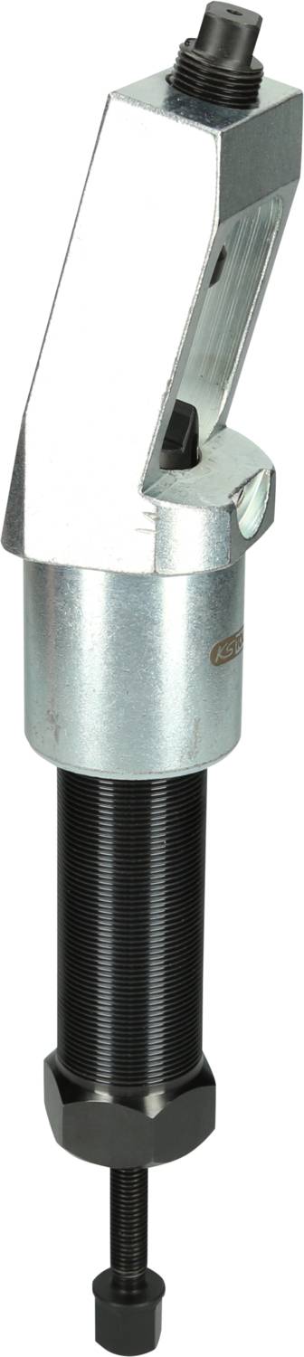 Hydraulischer Abzieher, geeignet zum Lösen festsitzender Lager oder Buchsen, zylindrische Form, silberfarben mit schwarzem Griff.