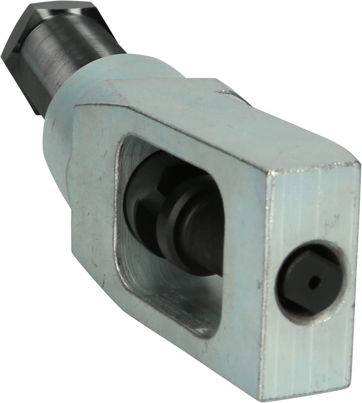 Ein zylindrisches Metallwerkzeug mit sechseckigem Ende und einer offenen quadratischen Halterung, möglicherweise für Präzisionsarbeiten.