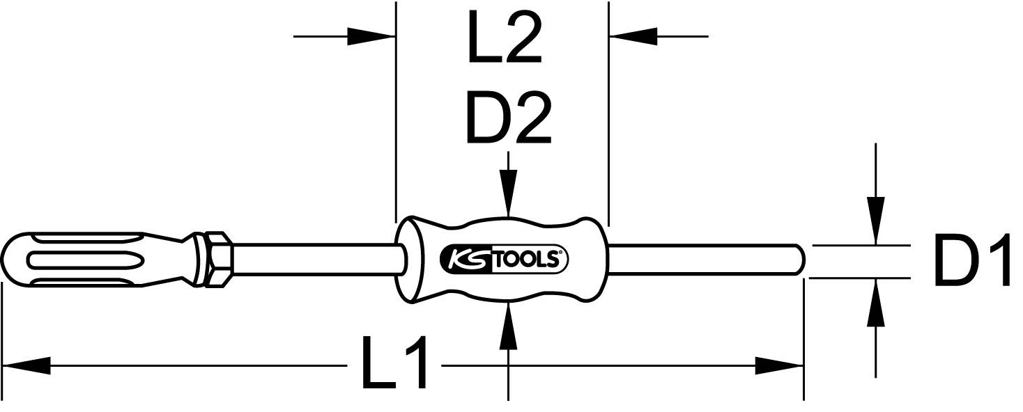 Schraubendreher mit angedeuteten Maßen: L1, L2, D1, D2. Markierung 'KS TOOLS' auf dem Griff. Zeigt Dimensionierung an.