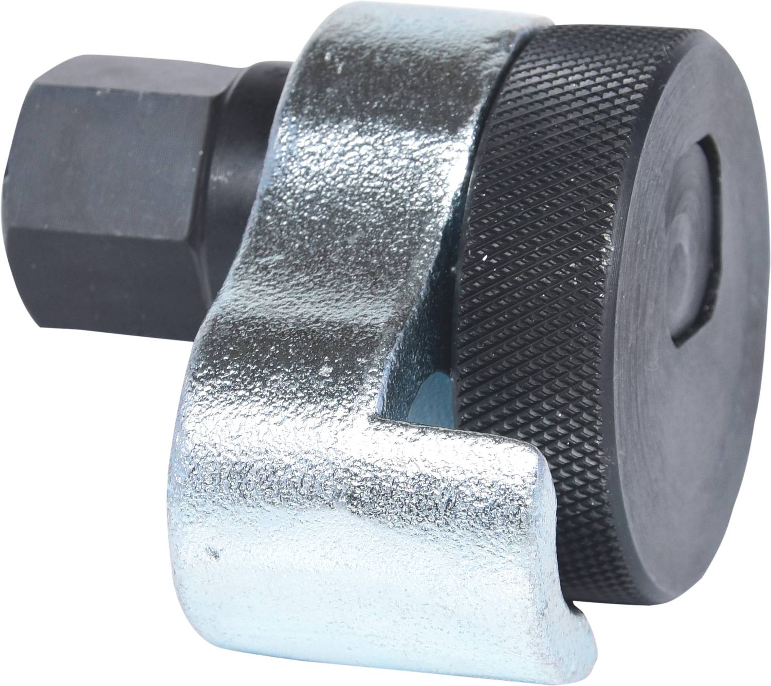 Eine silberne Sechskant-Abziehhülse aus Metall mit einer schwarzen Rändelschraube zum Lösen oder Befestigen von Schraubverbindungen.