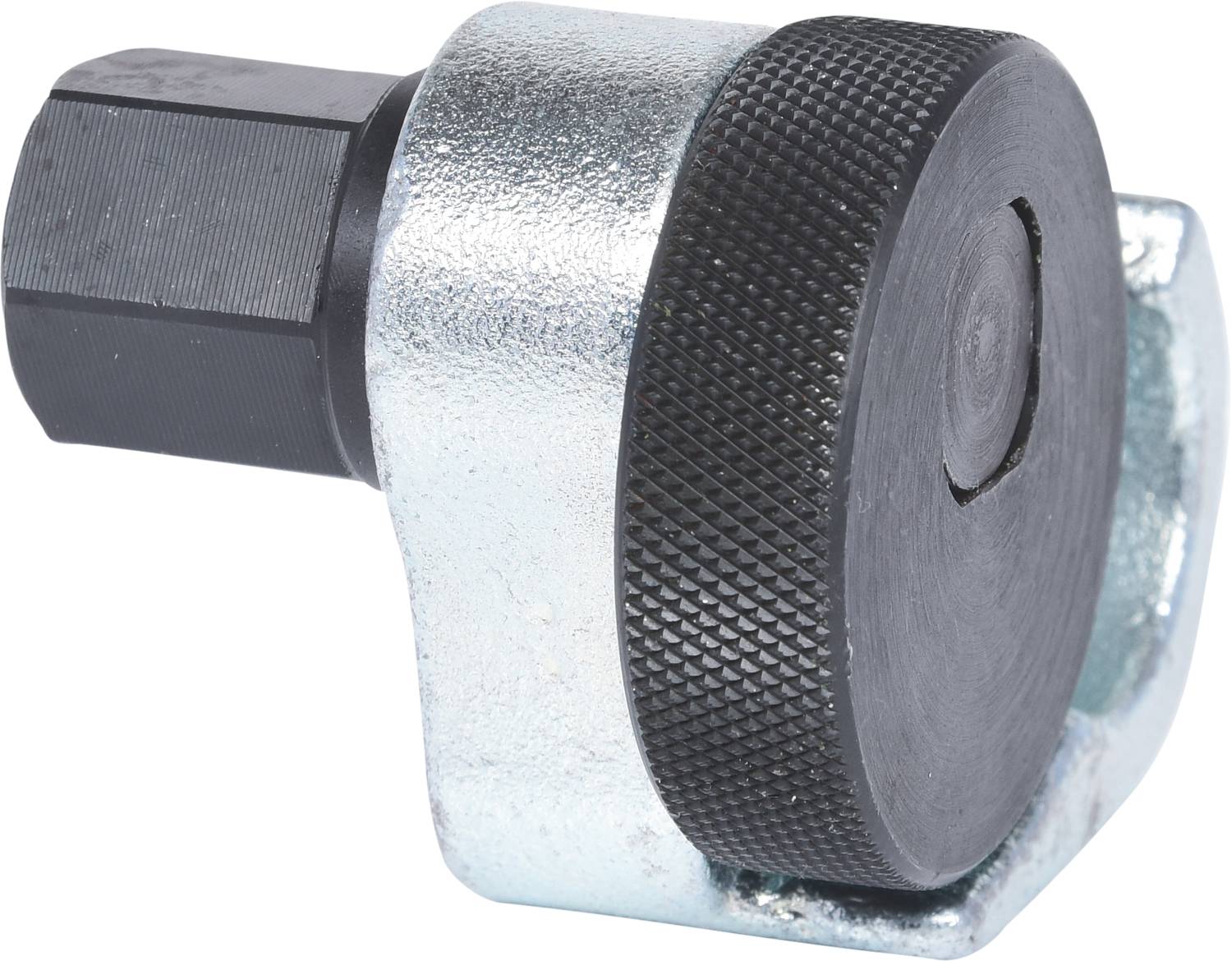 Metallischer Sechskantschlüssel mit rundem, gerändeltem Griff, vermutlich ein Werkzeug für technische oder mechanische Anwendungen.