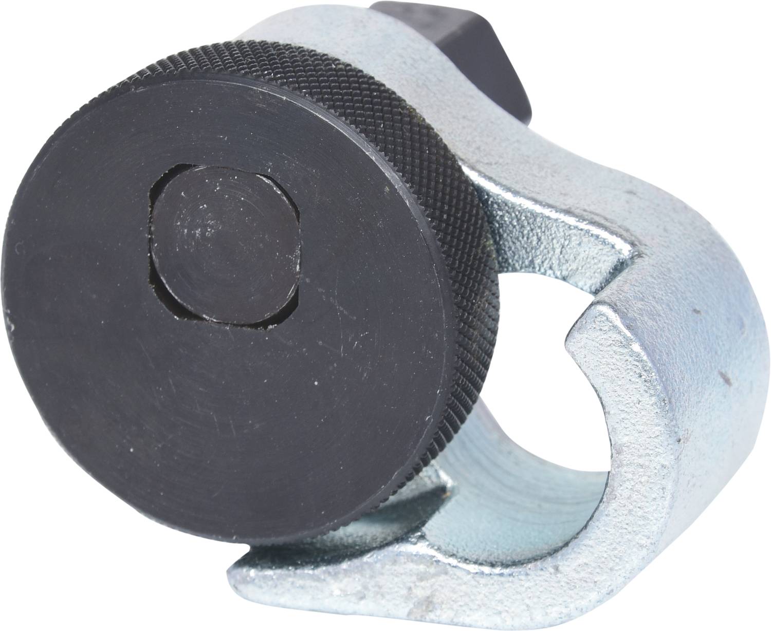 Ein metallischer Schraubenzieheraufsatz aus Stahl, robust gebaut, mit einer runden, schwarzen Spitze für präzises Arbeiten an speziellen Schrauben.