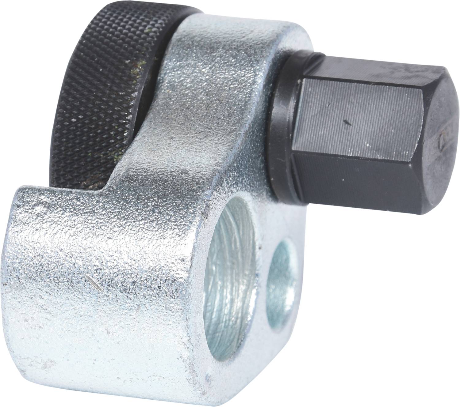 Eine silberne, zylindrische Metallklemme mit einem schwarzen Schraubenkopf, verwendet zur Befestigung von Rohren oder Stangen.