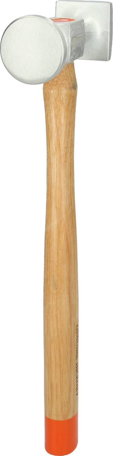 Ein runder Hammerkopf mit flachem Stahlkopf und einem glatten Holzgriff. Der Griff ist am Ende orange markiert.