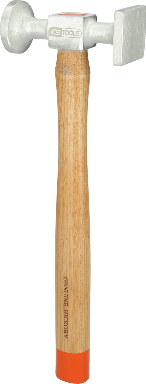 Ein Hammer mit hölzernem Griff und zwei Metallköpfen, einer rund und einer flach, mit der Aufschrift 'GENUINE HICKORY'.