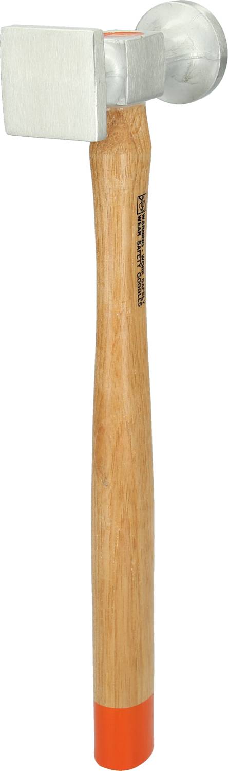 Ein Hammer mit Holzgriff, quadratischem Metallkopf und orangefarbener Markierung am Stielende.