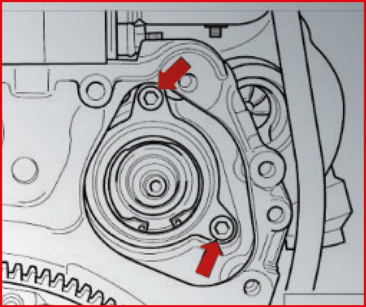 'Illustration eines Motorteils mit zwei roten Pfeilen, die wichtige Schrauben und ihre Positionen im vorderen Bereich des Motors zeigen.'