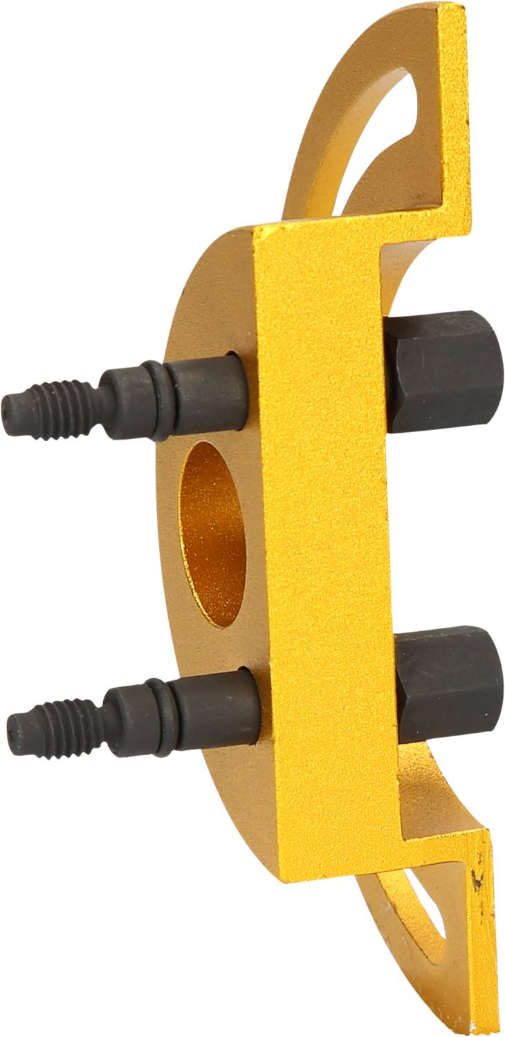 Goldene Metallhalterung mit zwei schwarzen Schrauben, vermutlich Teil eines Maschinen- oder Gerätebauteils.