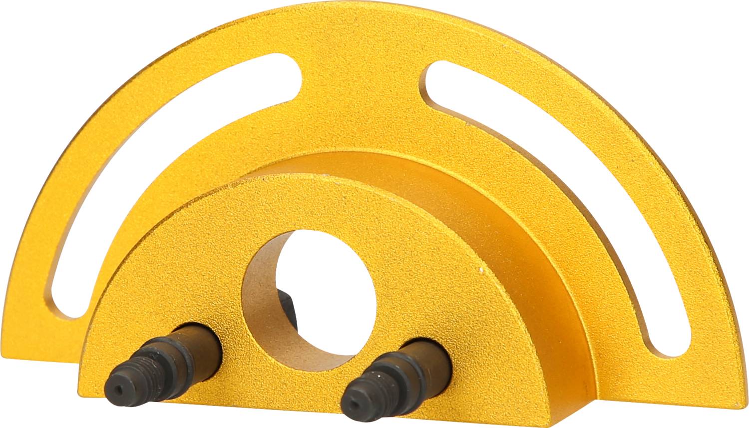 Ein gelb-goldenes Kurvenlineal aus Metall mit zwei schwarzen Schrauben, das zum Zeichnen präziser Kurven oder als Winkelmesser verwendet wird.