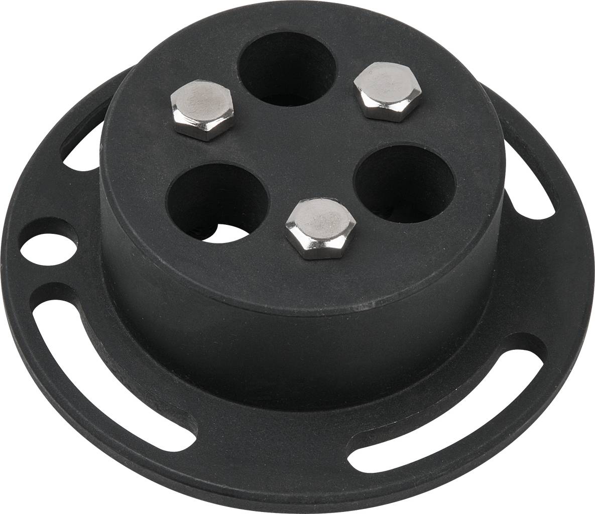 Ein schwarzer runder Adapter mit drei silbernen Schrauben, der zur Verbindung von mechanischen Teilen verwendet wird.