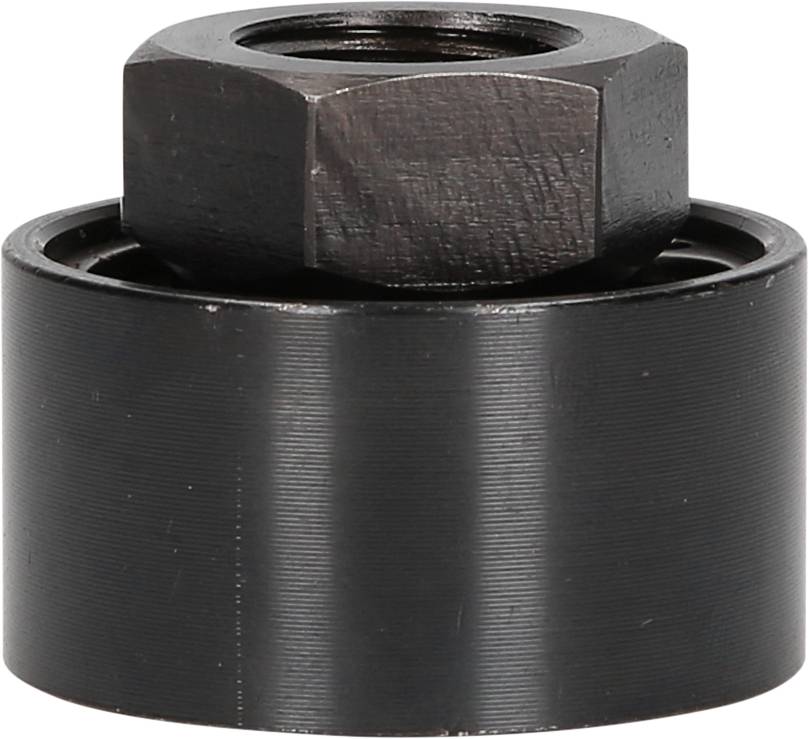 Schwarzer zylindrischer Metalladapter mit sechseckiger Mutter oben, möglicherweise Teil eines Maschinenbauteils.