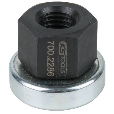 Schwarze Sechskantmutter mit Aufschrift 'KS TOOLS 700.2286', sitzt auf einer silbernen Metallscheibe.