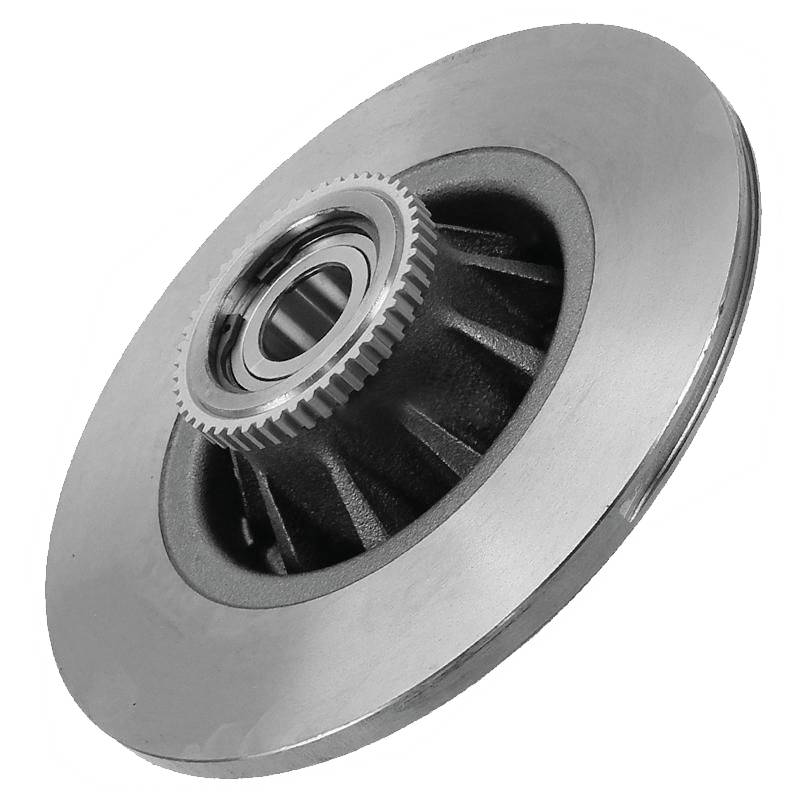 Ein Metallrad mit Zahnrad, das vermutlich als Teil eines größeren mechanischen Systems oder Motors dient.