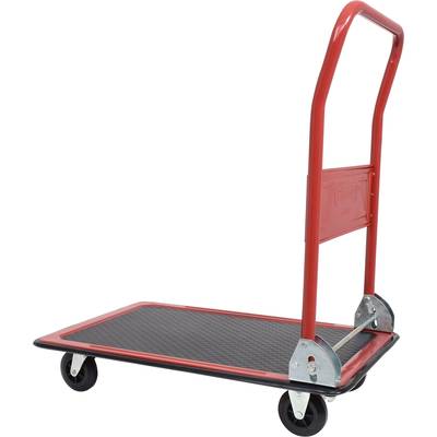 Roter Transportwagen mit schwarzer Plattform und vier Rädern, ideal für den einfachen Transport von schweren Gegenständen.