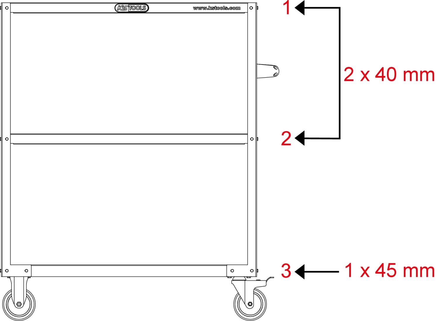 Illustration eines rollbaren Wagens mit zwei Regalböden und Maßen: '2 x 40 mm' und '1 x 45 mm' auf der Seite markiert.