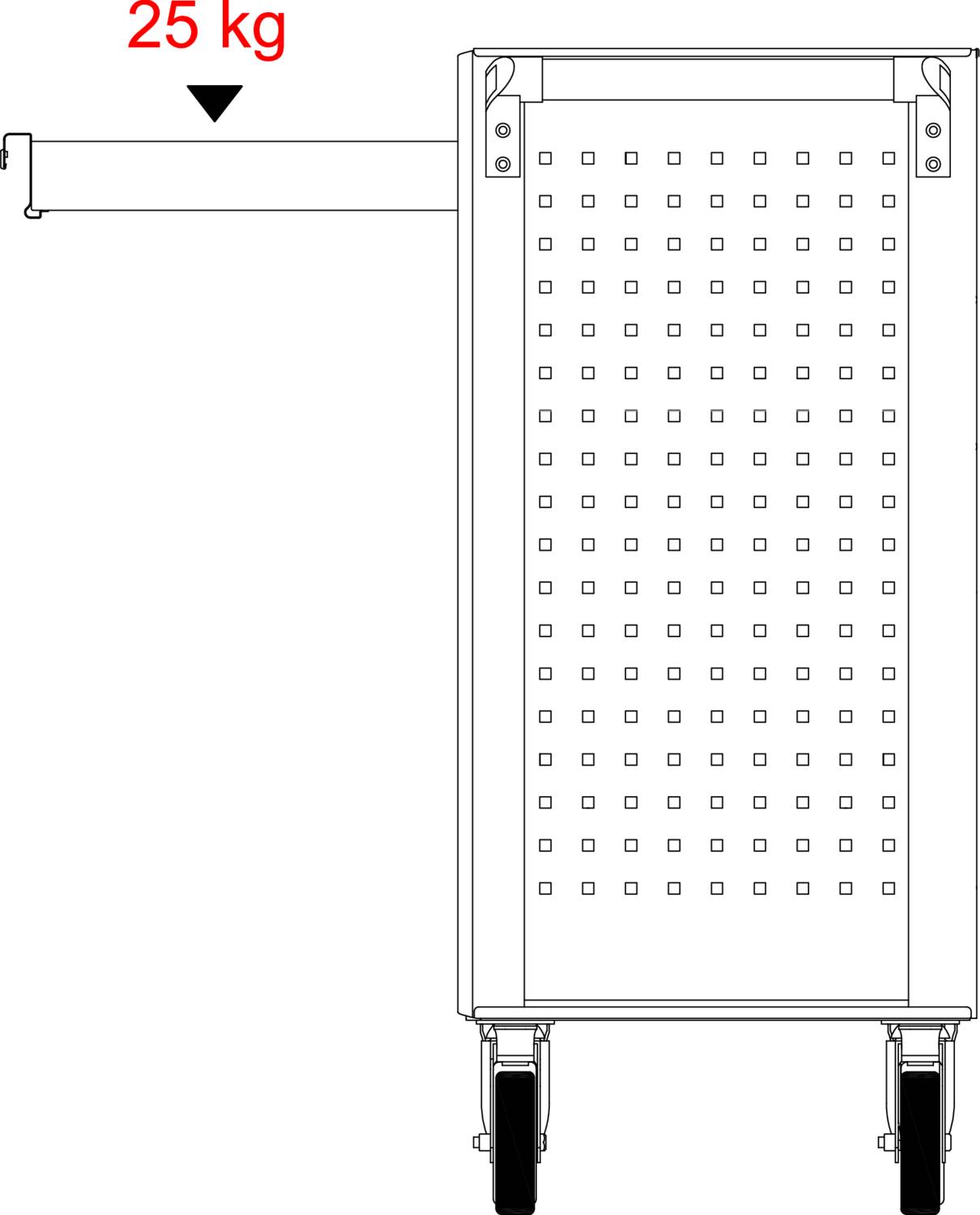 Seitenansicht eines Wagens mit Rädern, auf dem ein Stift mit '25 kg' angezeigt wird, was auf eine Gewichtsgrenze hinweist.