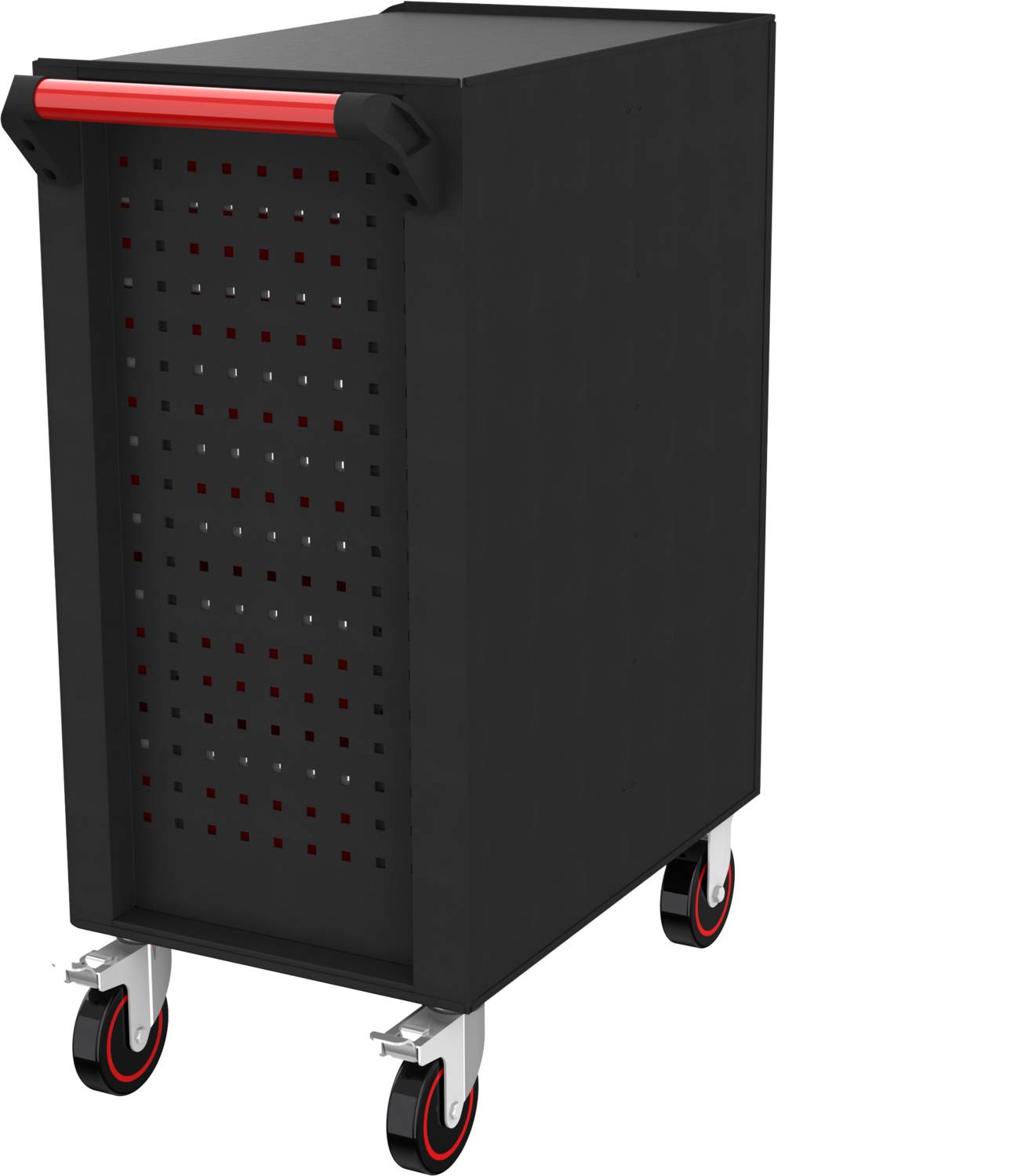 Schwarzer, rollbarer Werkzeugwagen mit rotem Griff, Perforationen an der Seite, und vier Rädern. Ideal für Werkzeuge und Werkstattbedarf.